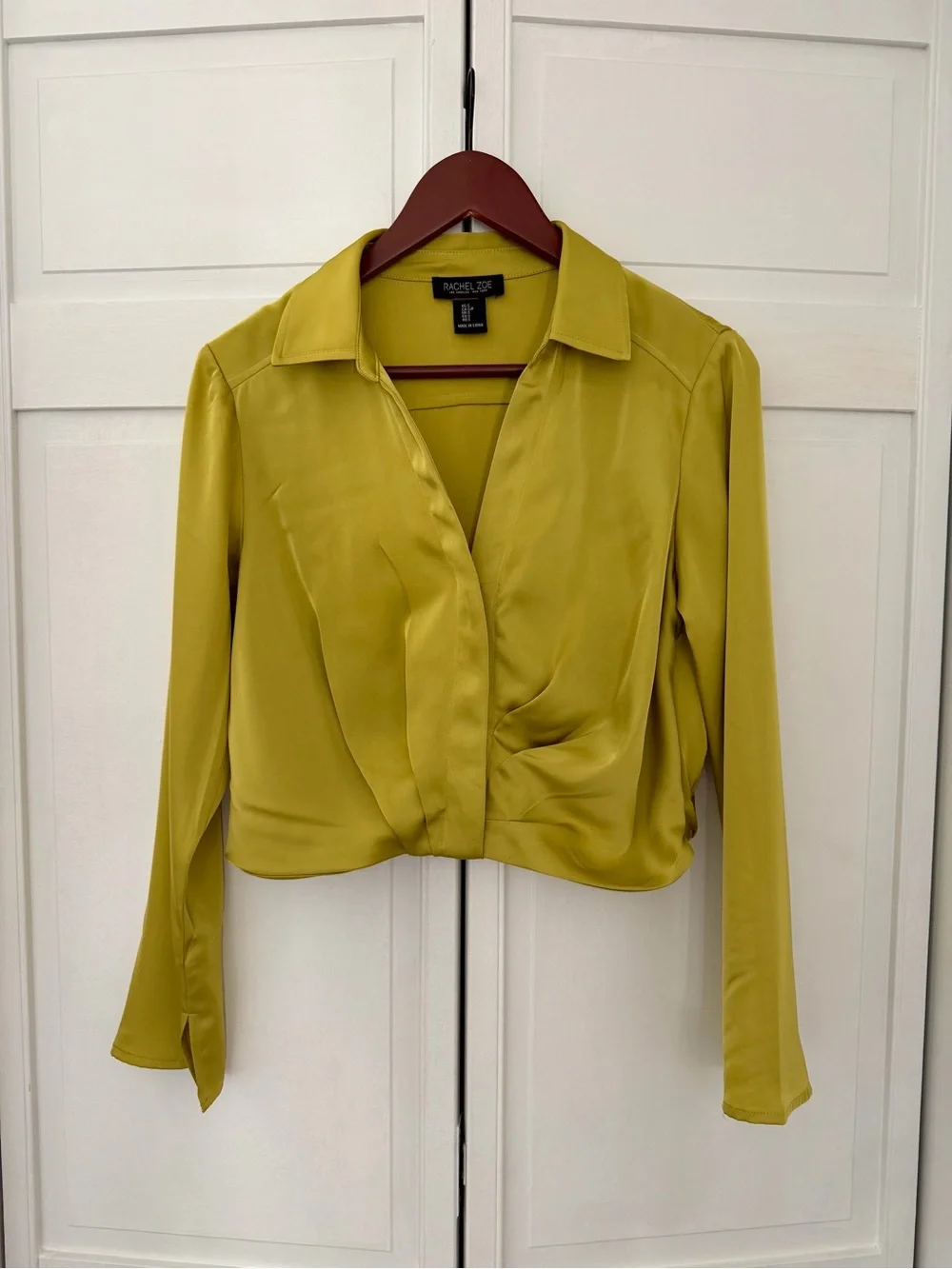 Rachel Zoe Chartreuse Satin Twist-Front Blouse